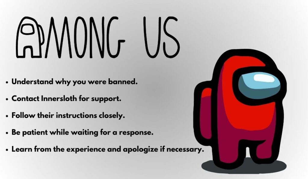 Understand why you were banned. Contact Innersloth for support. Follow their instructions closely. Be patient while waiting for a response. Learn from the experience and apologize if necessary.